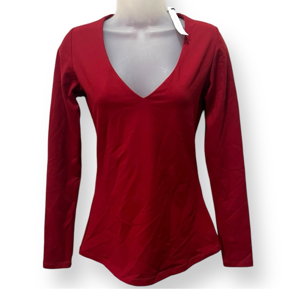 SUSANA MONACO Siren Red Essential V Neck Long Sleeve Top Tee Size Small
